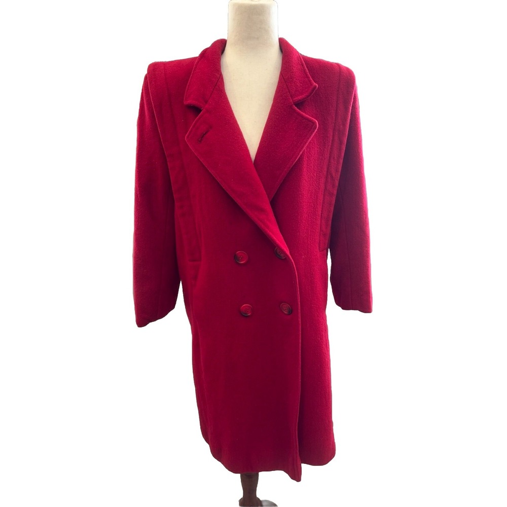Vintage 80s Trench Pea‎ Coat Cherry Red Boxy Pleated Mid Wool Medium Petite